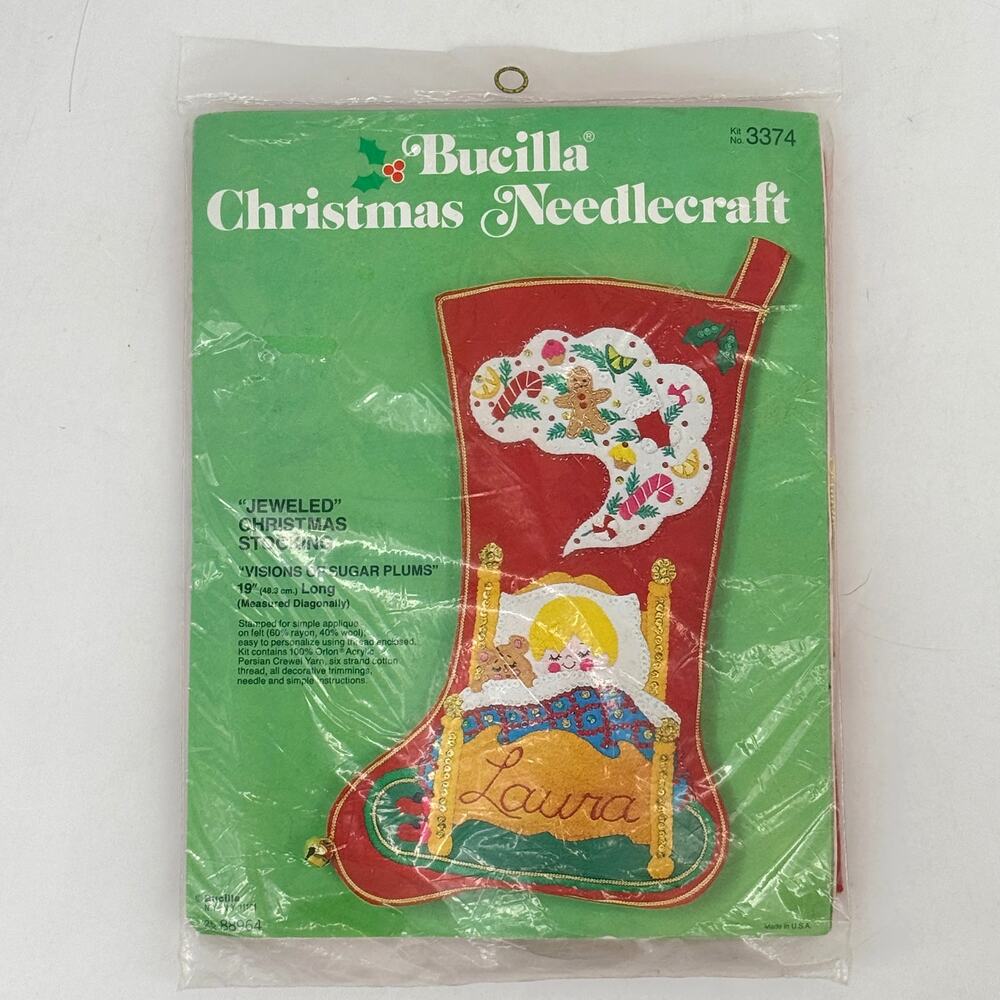 Vtg Bucilla 3374 Visions of Sugar Plums Jeweled Christmas Stocking Felt Kit 19"